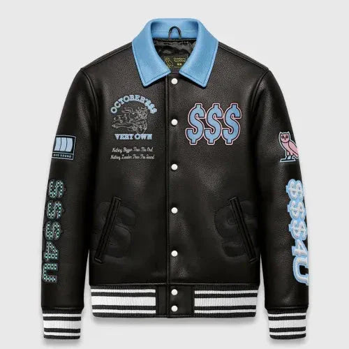 $$$4U Collared Varsity Black Jacket Trendy Layer