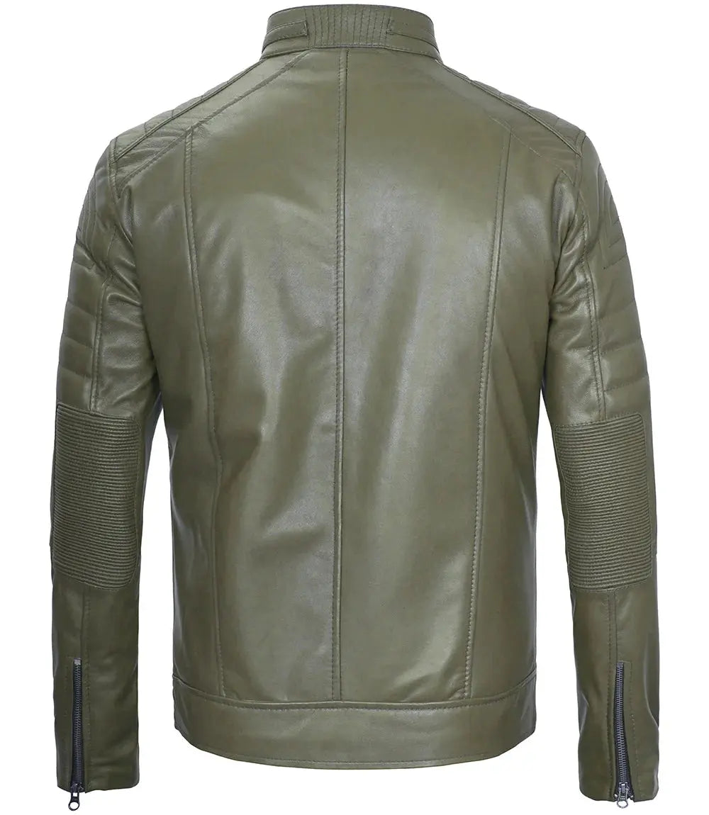 Austin Men Cafe Racer Dark Green Real Leather Jacket Trendy Layer