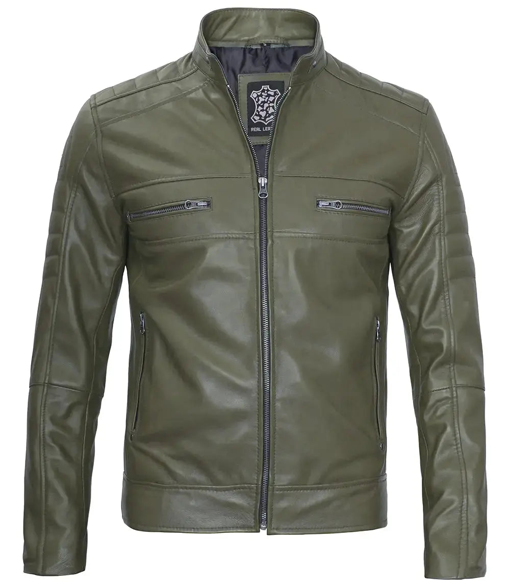 Austin Men Cafe Racer Dark Green Real Leather Jacket Trendy Layer