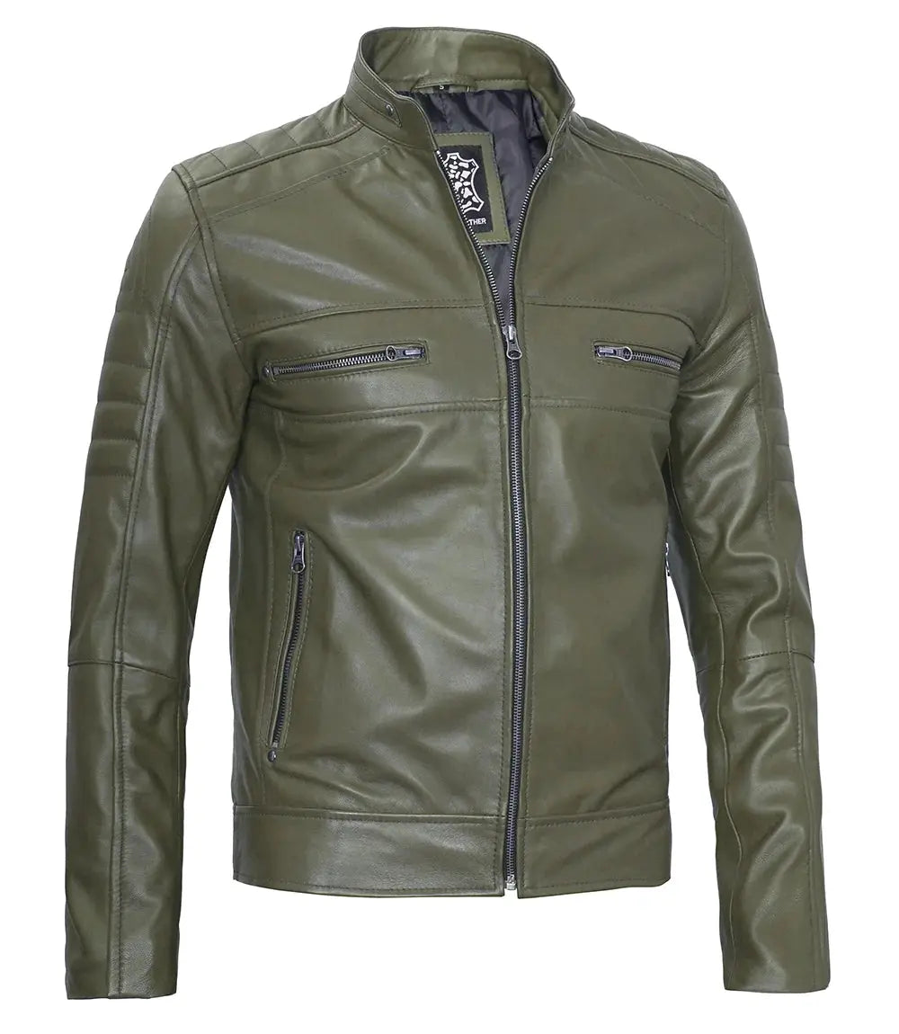 Austin Men Cafe Racer Dark Green Real Leather Jacket Trendy Layer