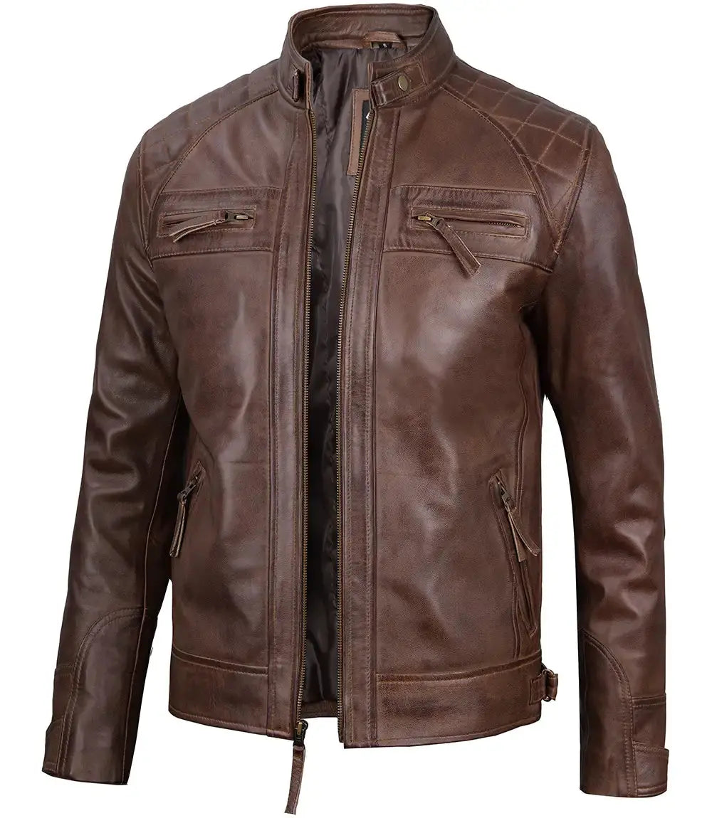 Chocolate Brown Cafe Men's Leather Motorcycle Jacket Trendy Layer