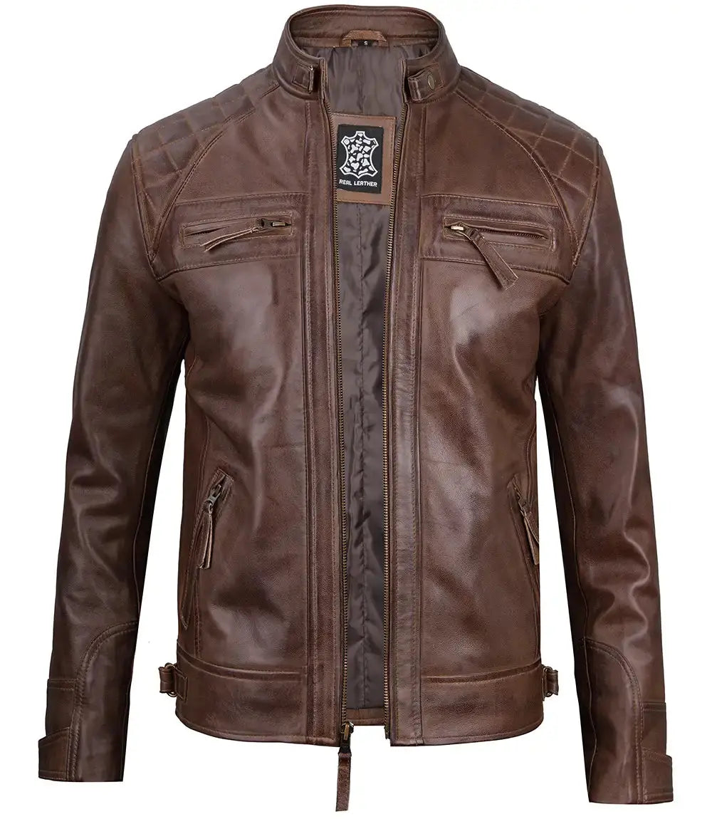 Chocolate Brown Cafe Men's Leather Motorcycle Jacket Trendy Layer
