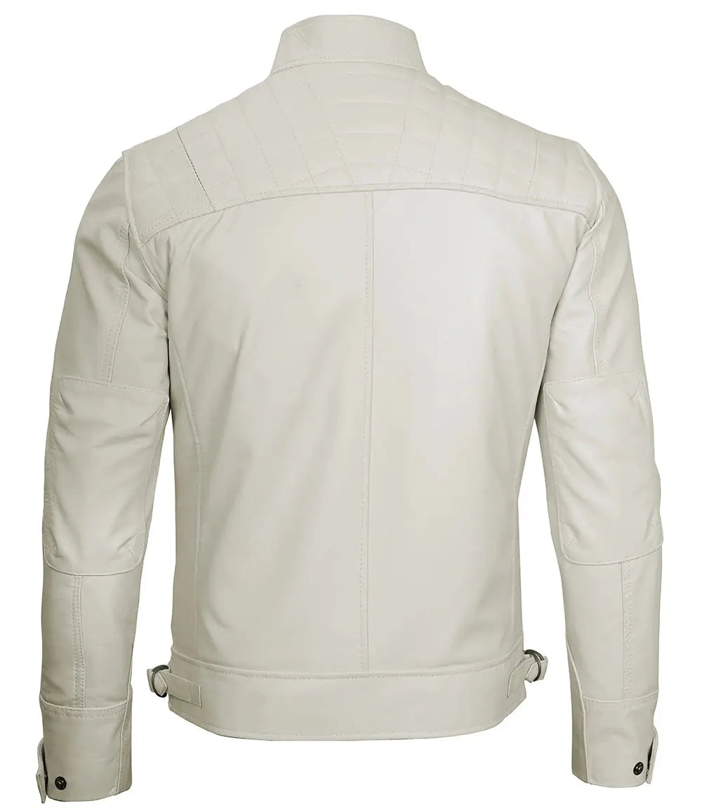 Classic Men's Off White Real Leather Cafe Racer Biker Jacket Trendy Layer
