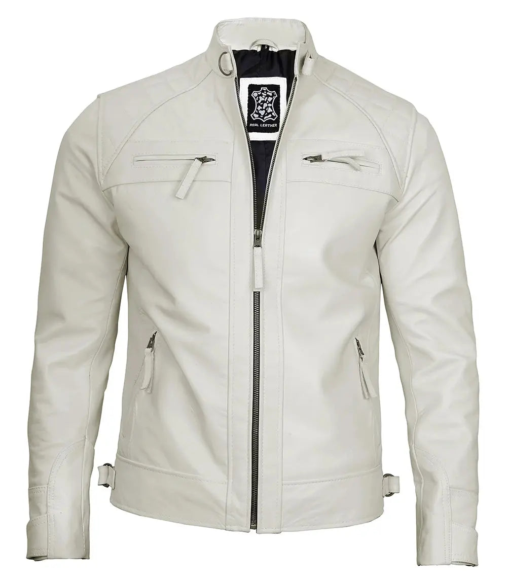 Classic Men's Off White Real Leather Cafe Racer Biker Jacket Trendy Layer