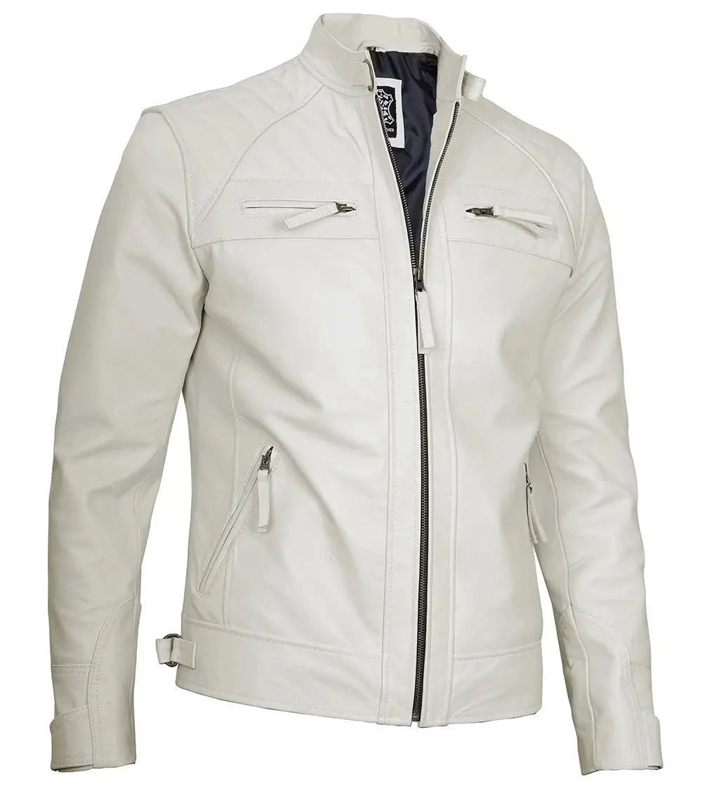 Classic Men's Off White Real Leather Cafe Racer Biker Jacket Trendy Layer