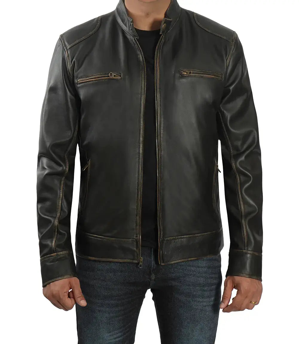 Dodge Tall Men's Rub-off Dark Brown Cafe Racer Leather Jacket Trendy Layer