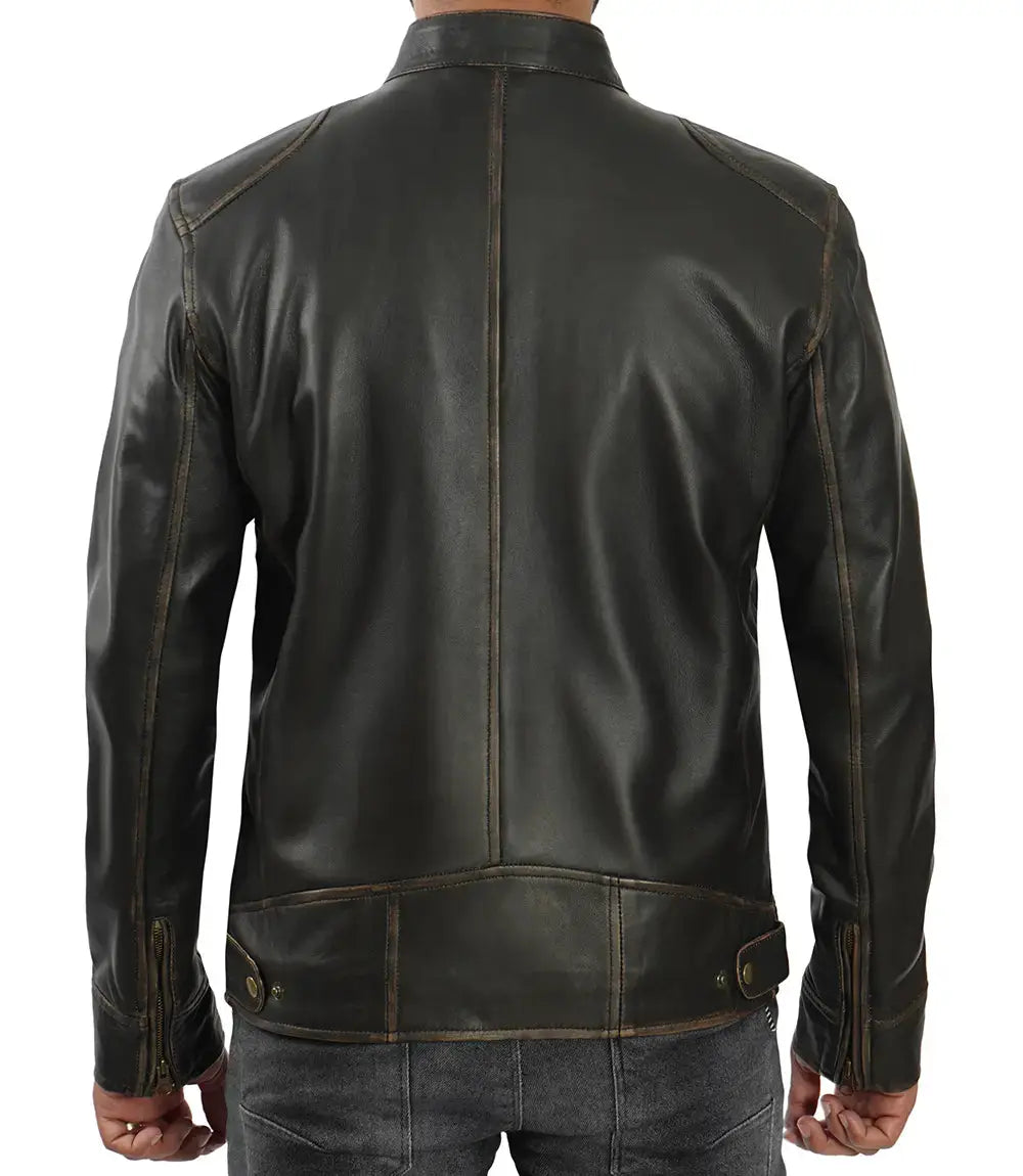 Dodge Tall Men's Rub-off Dark Brown Cafe Racer Leather Jacket Trendy Layer