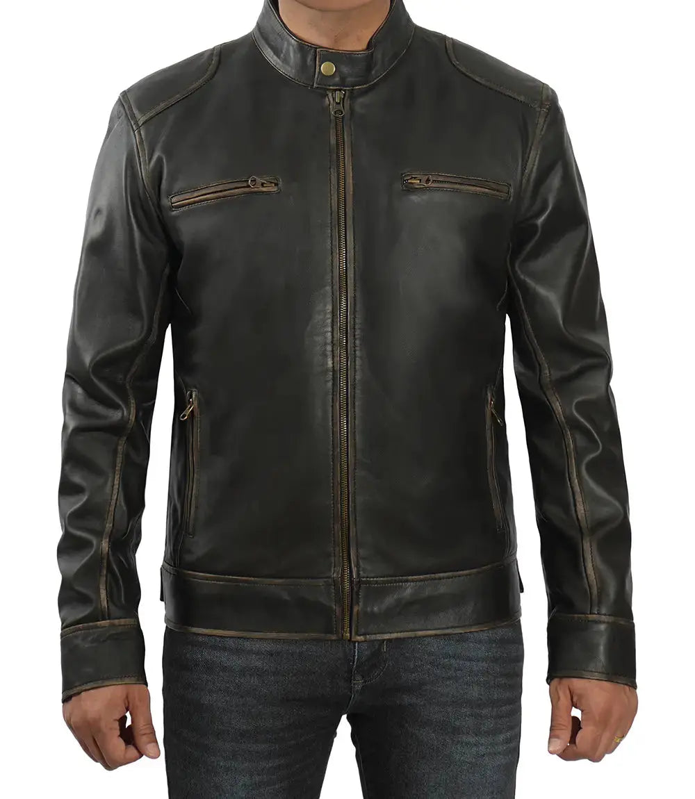 Dodge Tall Men's Rub-off Dark Brown Cafe Racer Leather Jacket Trendy Layer