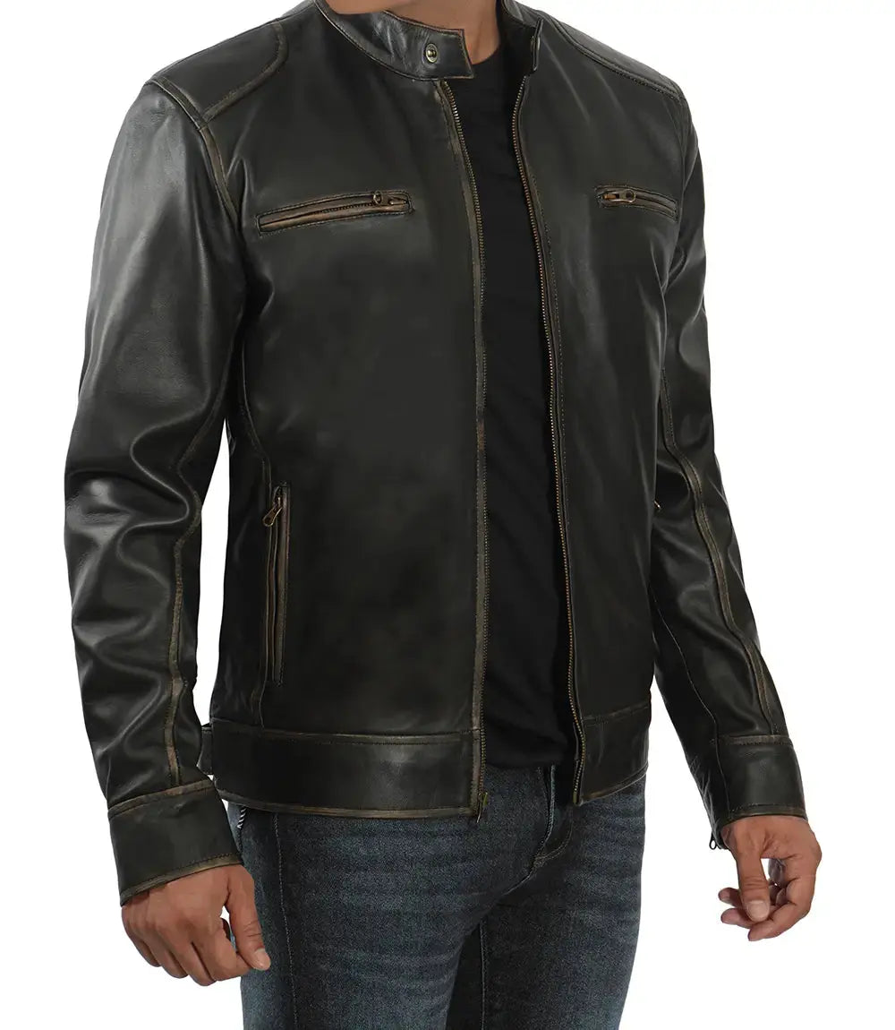 Dodge Tall Men's Rub-off Dark Brown Cafe Racer Leather Jacket Trendy Layer