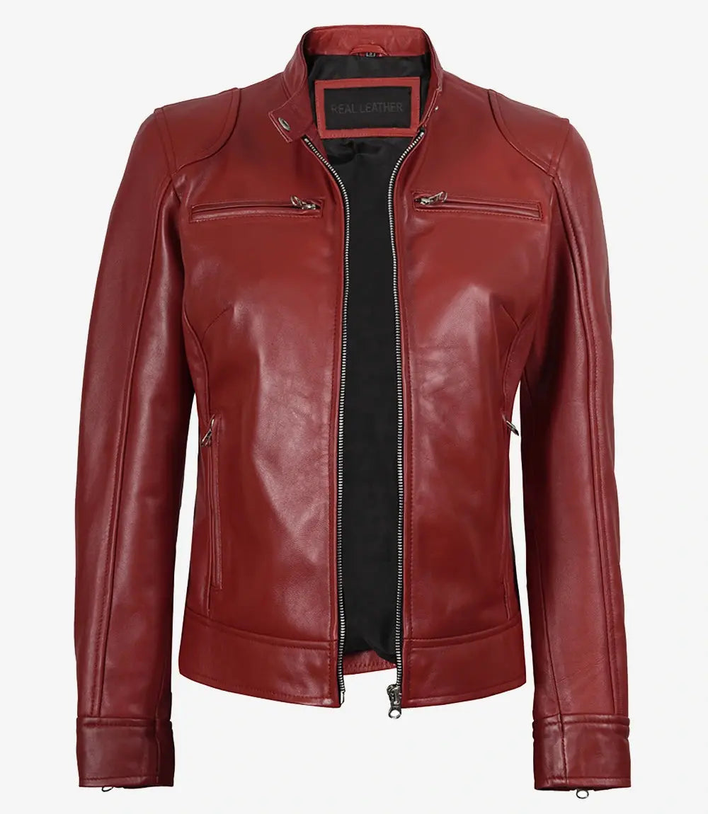 Dodge Women's Cafe Racer Red Leather Jacket Trendy Layer