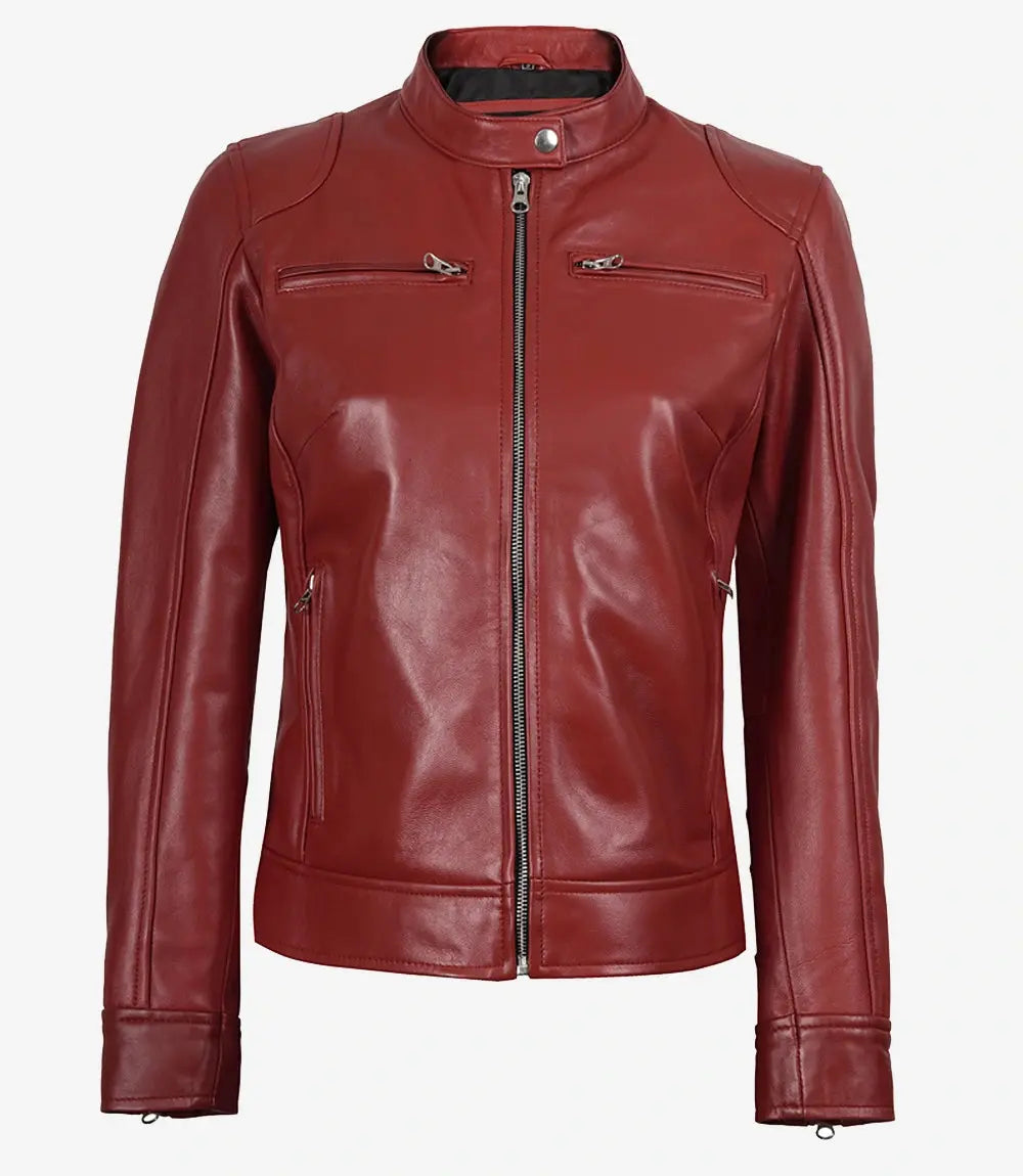 Dodge Women's Cafe Racer Red Leather Jacket Trendy Layer