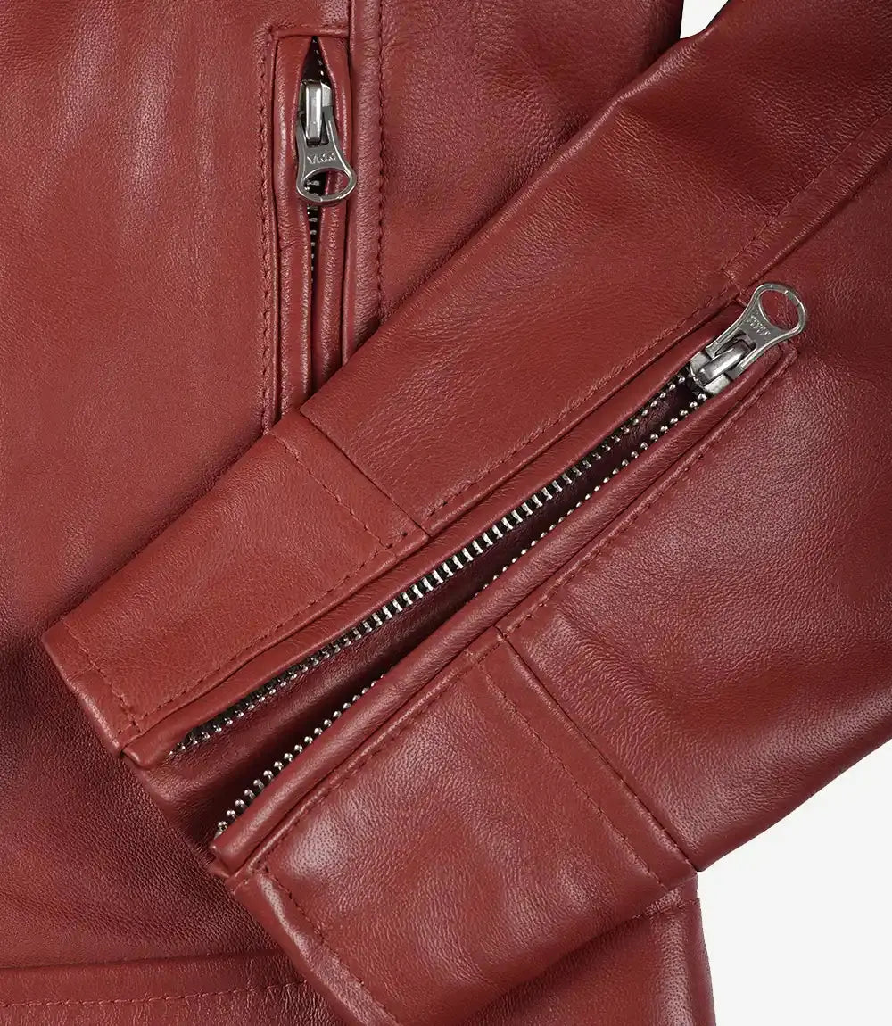 Dodge Women's Cafe Racer Red Leather Jacket Trendy Layer