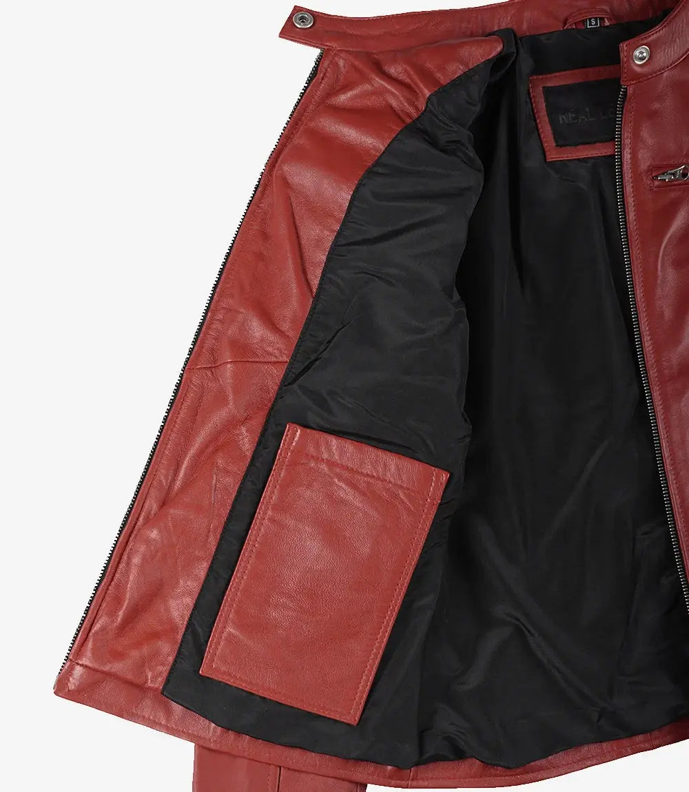 Dodge Women's Cafe Racer Red Leather Jacket Trendy Layer