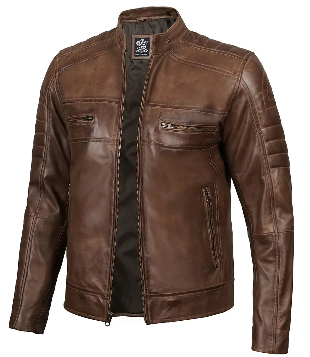 Men's Distressed Coffee Brown Leather Cafe Racer Jacket Trendy Layer