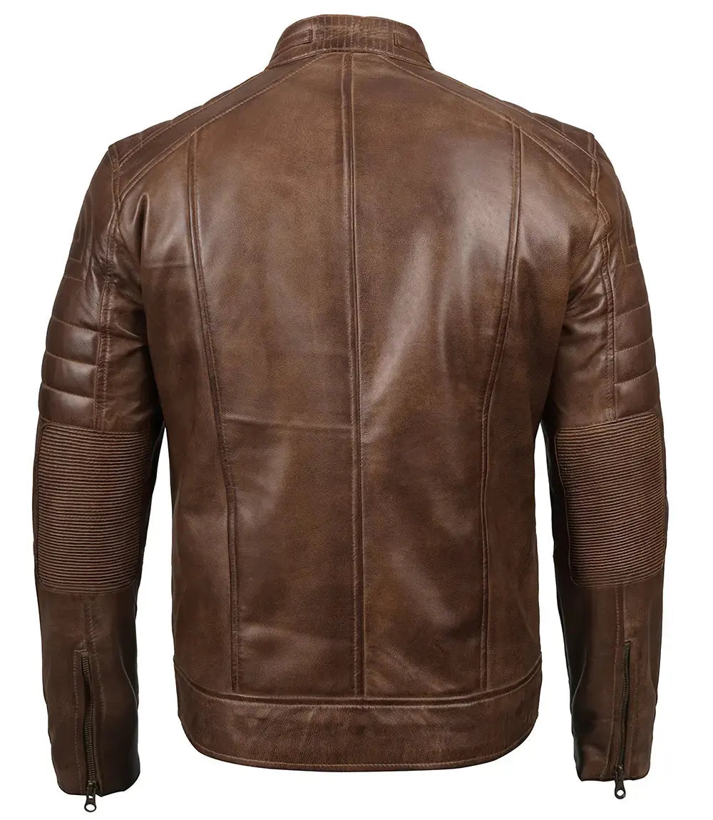 Men's Distressed Coffee Brown Leather Cafe Racer Jacket Trendy Layer