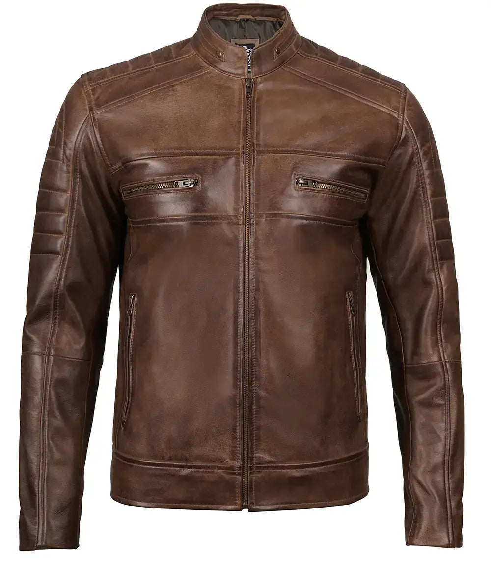 Men's Distressed Coffee Brown Leather Cafe Racer Jacket Trendy Layer
