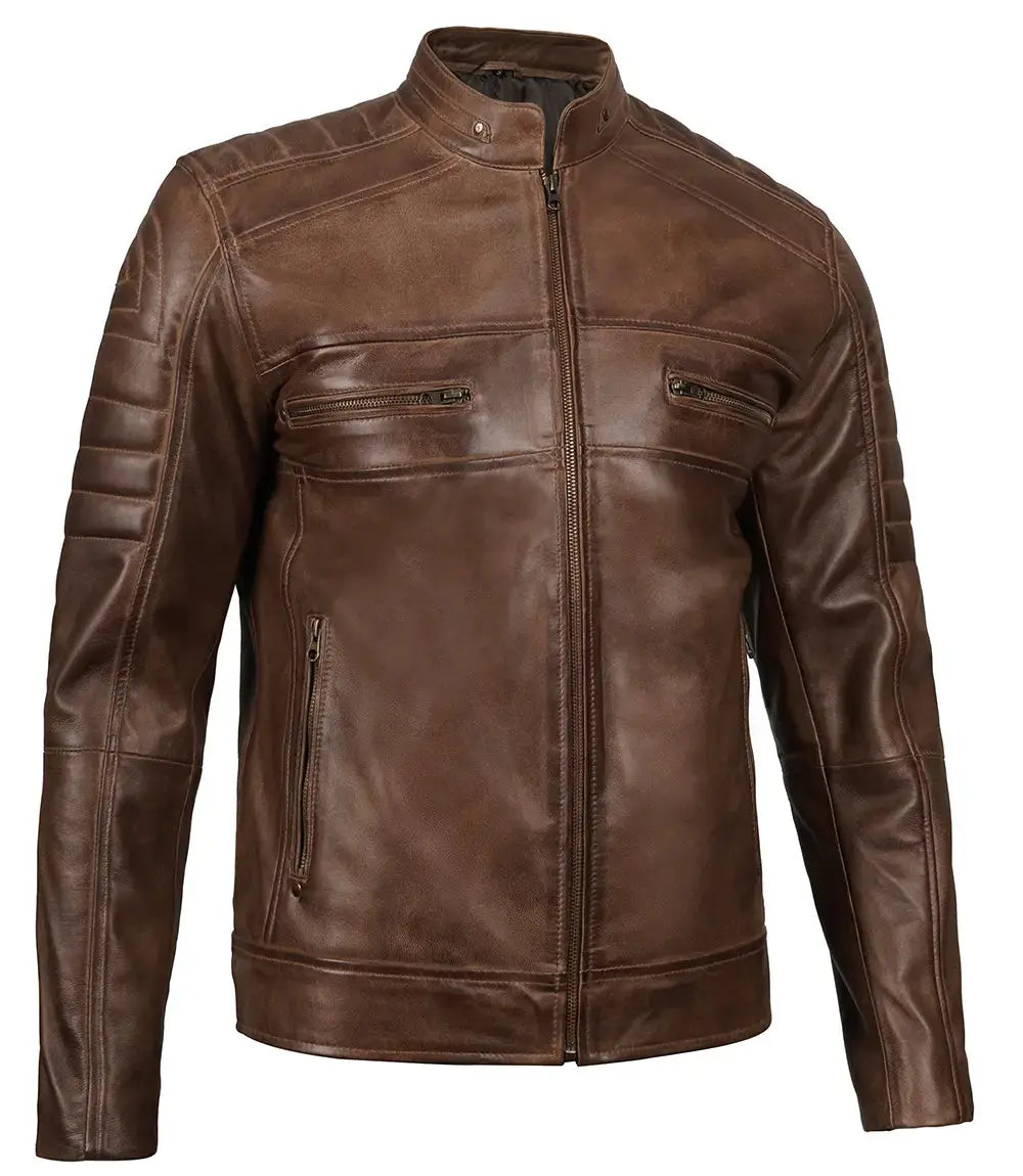 Men's Distressed Coffee Brown Leather Cafe Racer Jacket Trendy Layer
