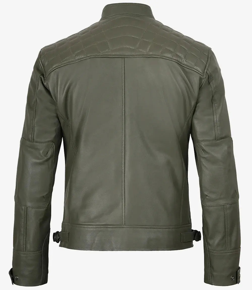 Men's Dark Green Real Leather Cafe Racer Biker Jacket Trendy Layer