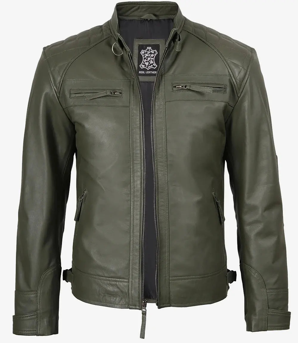 Men's Dark Green Real Leather Cafe Racer Biker Jacket Trendy Layer