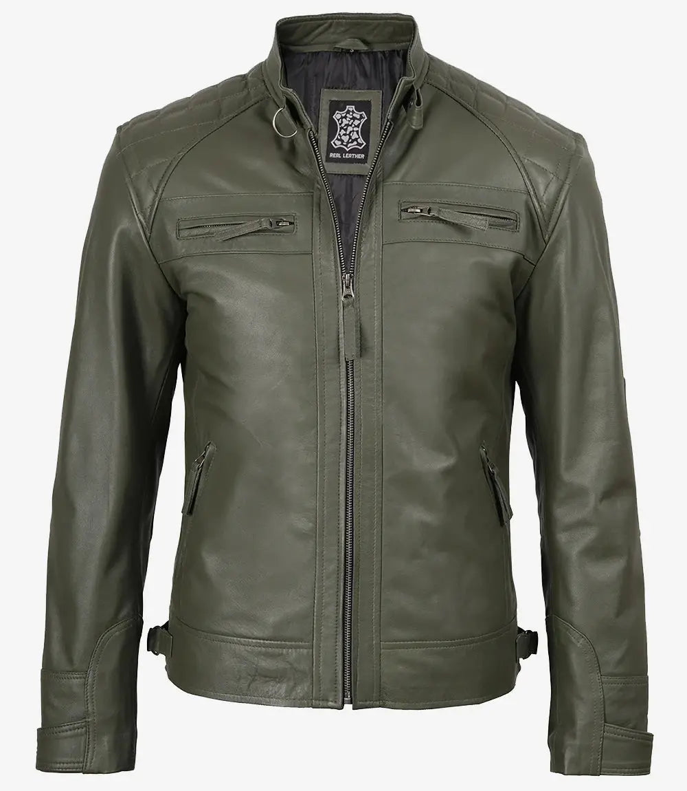 Men's Dark Green Real Leather Cafe Racer Biker Jacket Trendy Layer